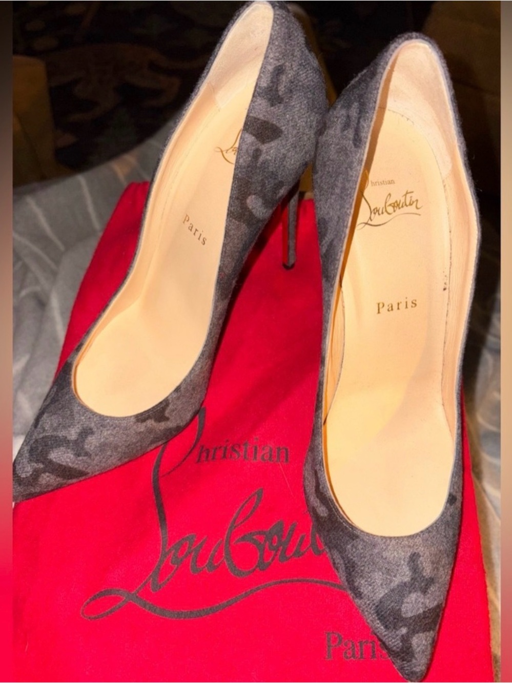 Christian Louboutin Gray Camouflage Suede Pointed-Toe Pumps size 39